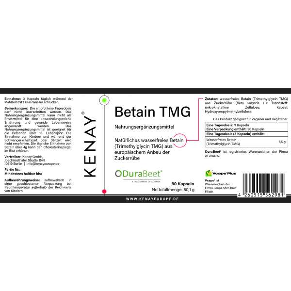 Betain TMG | 90 Kapseln | Nahrungsergänzungsmittel KENAY®
