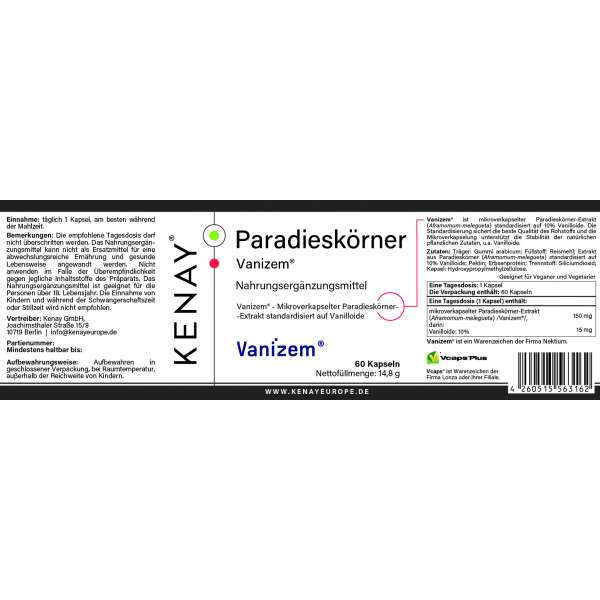Paradieskörner Vanizem® 60 Kapseln | Nahrungsergänzungsmittel | KENAY®